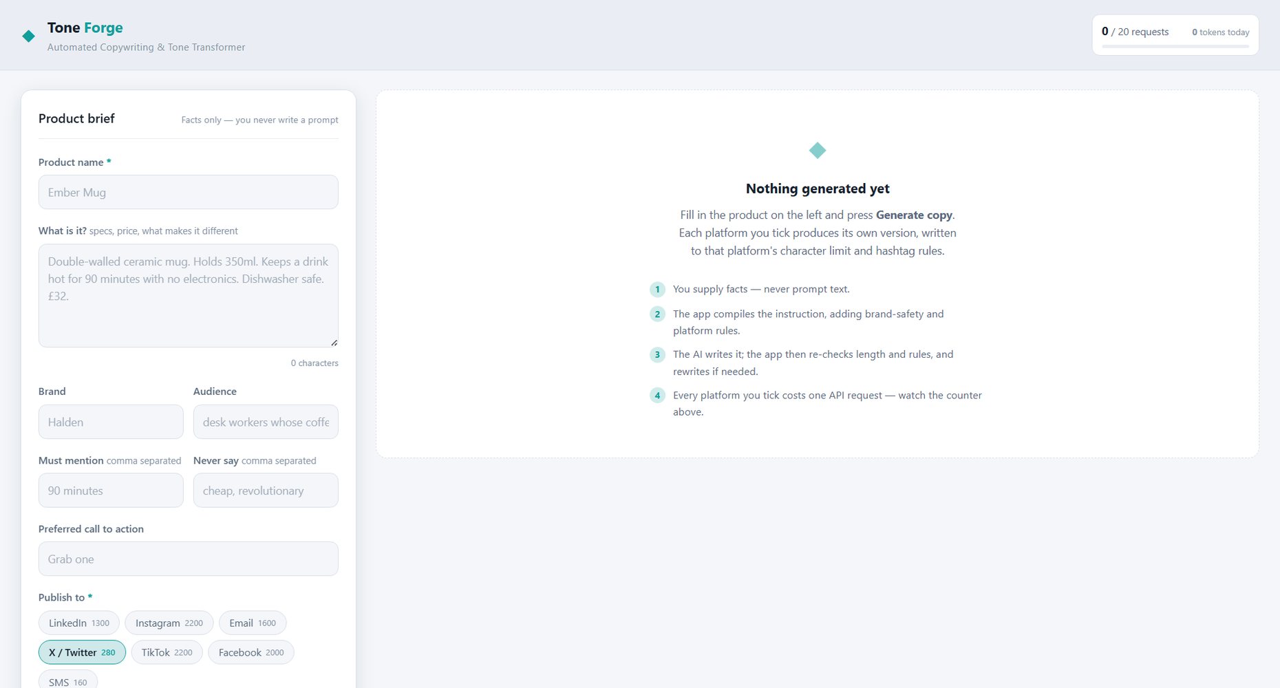Tone Forge copywriting interface